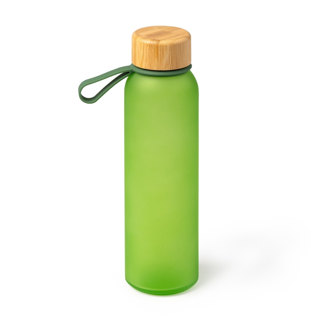 Voznan - Półprzezroczysta butelka wykonana ze szkła pochodzącego z recyklingu z bambusową zakrętką i uchwytem do przenoszenia, 500ml.